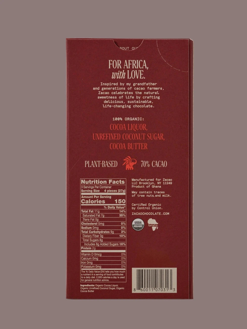 Zacao 70% Cacao Dark Chocolate